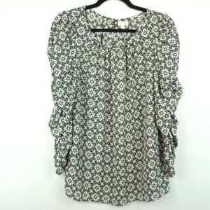 Max‎ Studio Black and White Sheer Blouse Size Large Ruched Sleeves
